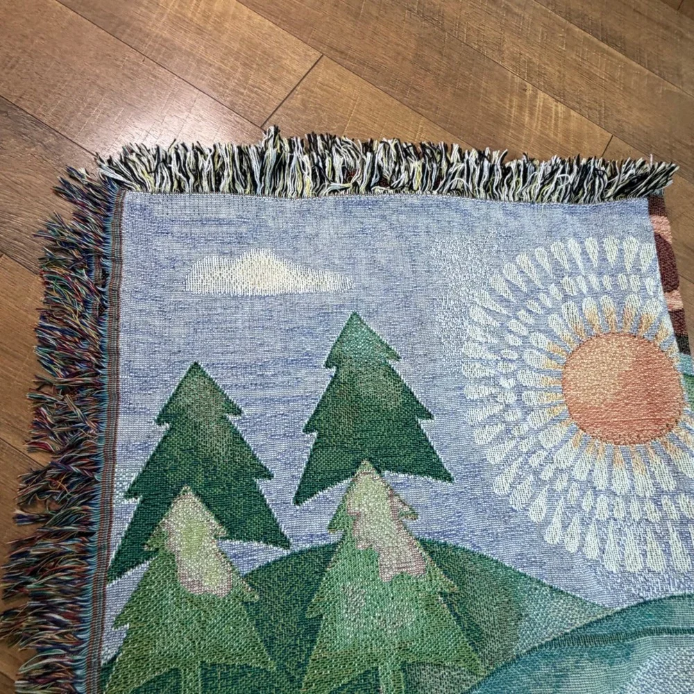 Happy Campers Woven Tapestry Throw Blanket Retro Camper Forest Sun Fringe 59x49